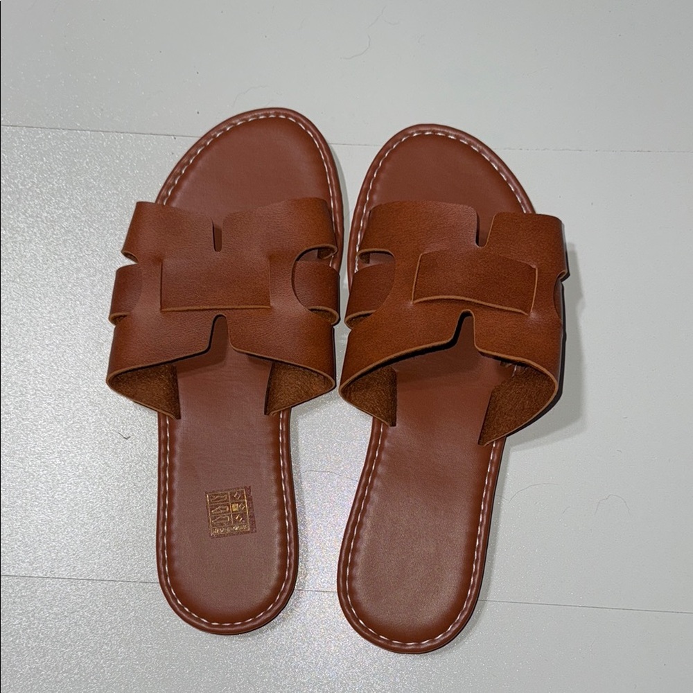 Brown Leather Slide Sandals